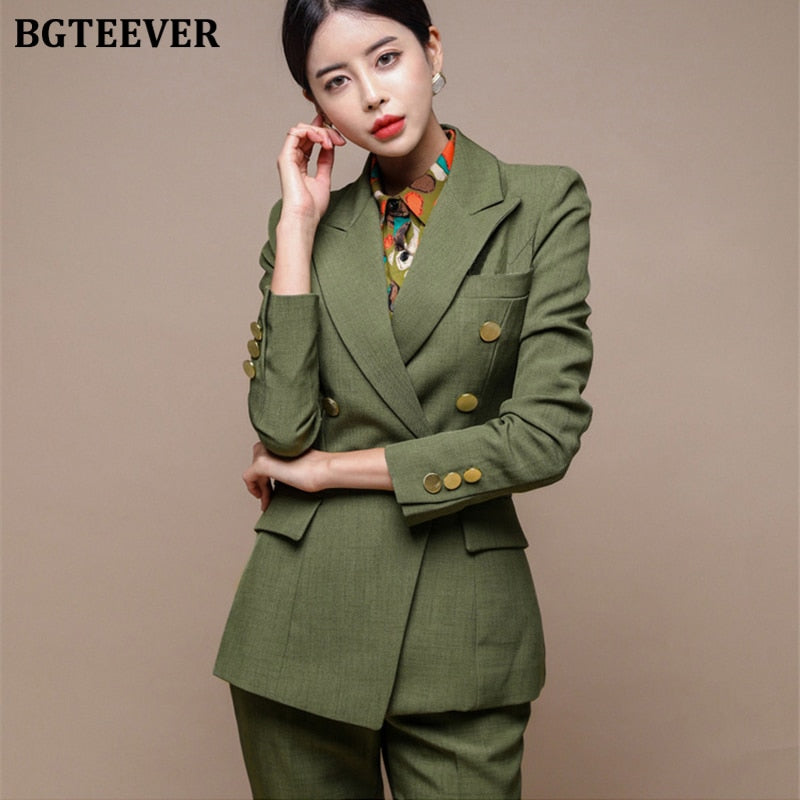 Fashion Green Women Blazer Set Double-breasted Slim Jacket & Pencil Pant Women Pant Suit Ladies Work Suit Female 2 Piece Set