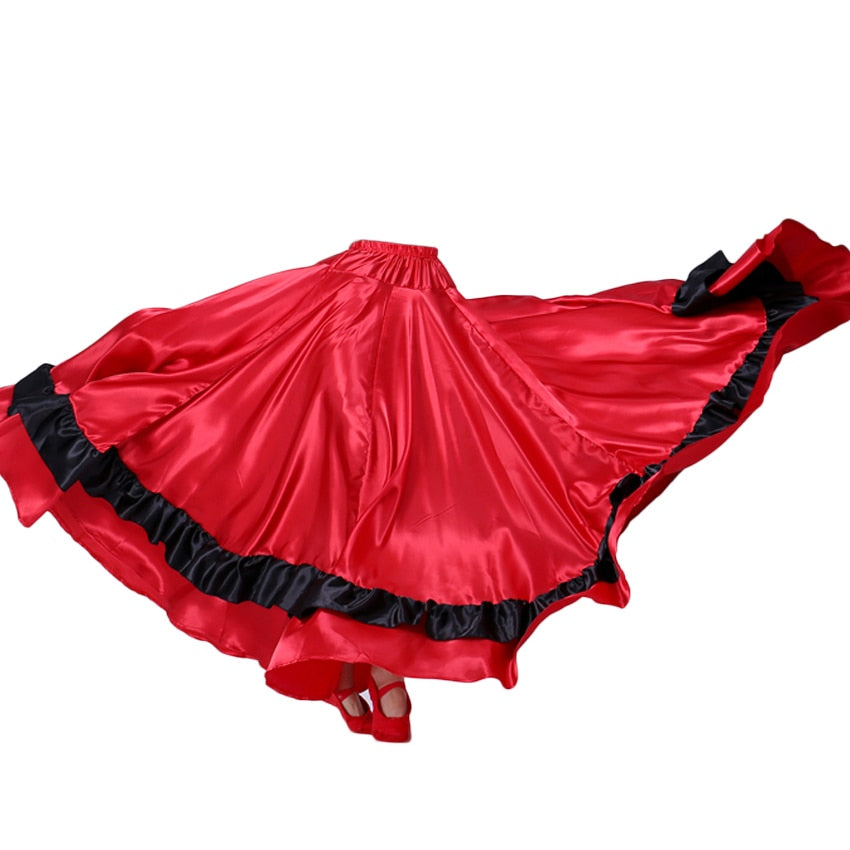 Red Traditional Spanish Flamenco Skirt Gypsy Women Dancing Costume Striped Satin Smooth Big Swing Belly Skirt Performance 90cm