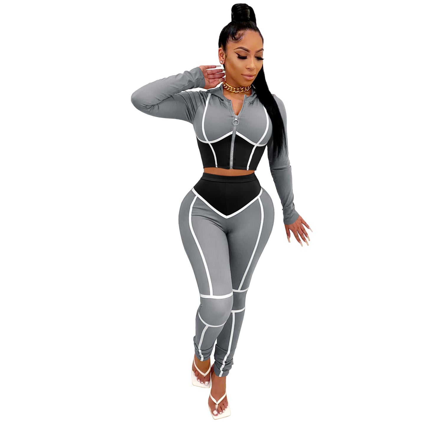 JRRY Women Tracksuit Two Pieces Set Zippers Hooded Top Long Pants 2 Pieces Set Print Sports Suit Casual Ladies Outdoor Wear