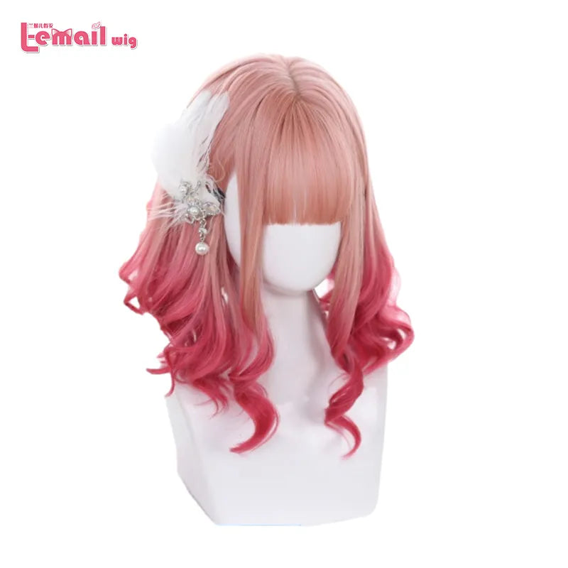 L-email wig Gradient Pink Lolita Wigs Medium Loose Wave Sweet Harajuku Japanese Cosplay Wig Heat Resistant Synthetic Hair