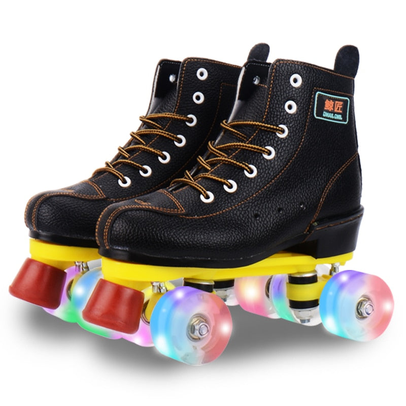 Japy Artificial Leather Roller Skates Double Line Skates Women Men Adult Two Line Skating Shoes Patines With White PU 4 Wheels