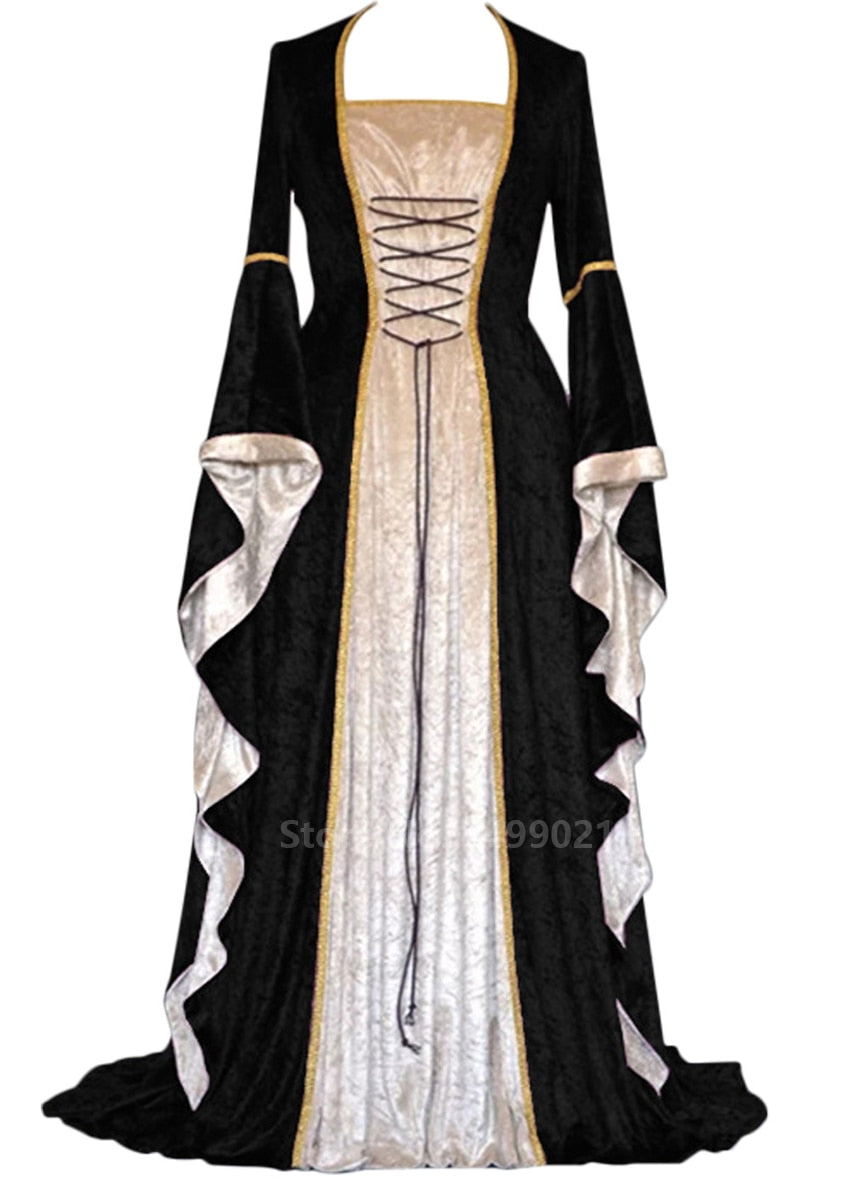 Halloween Women European Medieval Retro Court Princress Cosplay Costume Long Dress Elegant Witch Square Collar Masquerade Wear