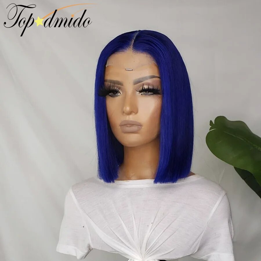 TOPODMIDO Blue Color 13x4 Bob Cut Wigs For Women Peruvian Remy Hair Closure Wigs with Baby Hair Lace Front Human Hair Wigs