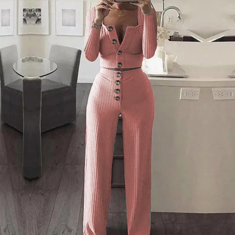 Ribbed 2 Two Piece Set Women's Sets conjunto feminino Women Crop Tops and Pants Suit Long Sleeve Casual Short Top Clubwear Sets