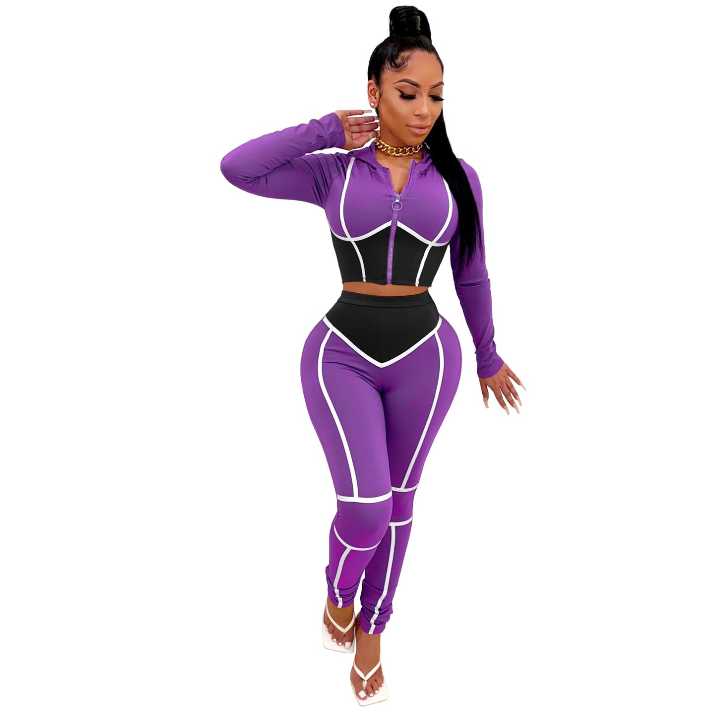 JRRY Women Tracksuit Two Pieces Set Zippers Hooded Top Long Pants 2 Pieces Set Print Sports Suit Casual Ladies Outdoor Wear