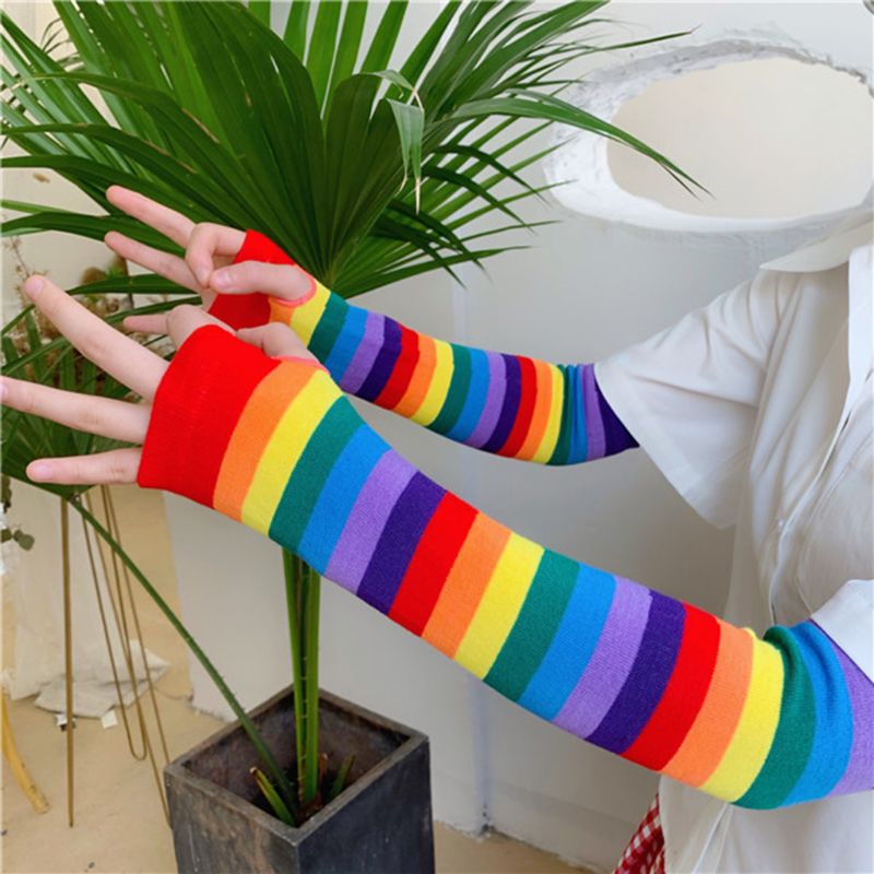 Women Girl Harajuku Elbow Length Fingerless Arm Sleeve Warmer Rainbow Colored Striped Knitted Sunscreen Halloween Costume Gloves