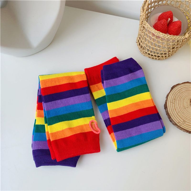 Women Girl Harajuku Elbow Length Fingerless Arm Sleeve Warmer Rainbow Colored Striped Knitted Sunscreen Halloween Costume Gloves