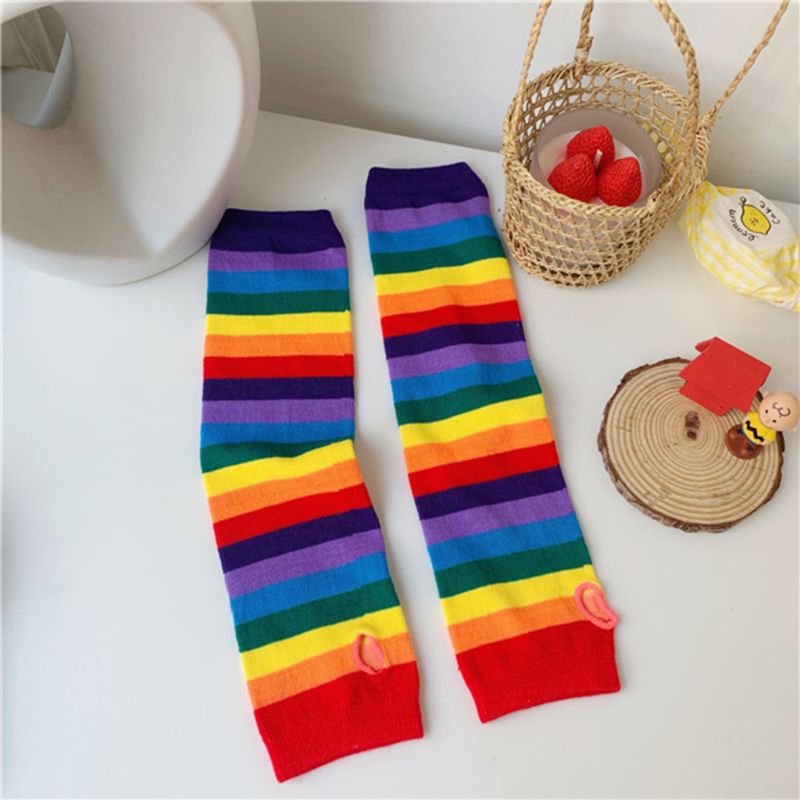 Women Girl Harajuku Elbow Length Fingerless Arm Sleeve Warmer Rainbow Colored Striped Knitted Sunscreen Halloween Costume Gloves