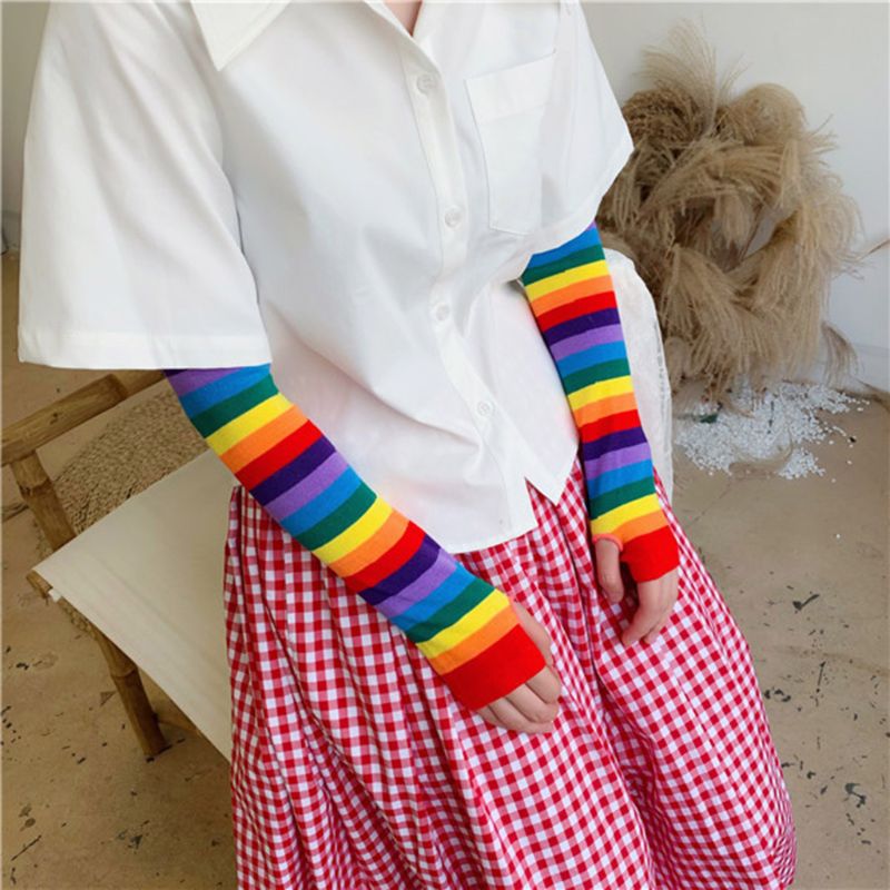 Women Girl Harajuku Elbow Length Fingerless Arm Sleeve Warmer Rainbow Colored Striped Knitted Sunscreen Halloween Costume Gloves