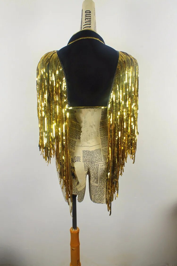 Gold Tassels Sequins Vest Waistcoat DS Costumes Dance Christmas Singer Dancer Stage Performance Bar Party Fringes Armors