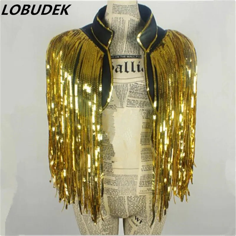 Gold Tassels Sequins Vest Waistcoat DS Costumes Dance Christmas Singer Dancer Stage Performance Bar Party Fringes Armors