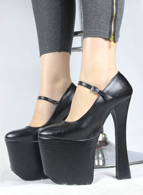 jialuowei Black patent platform Mary Janes Pumps with chunky 7 1/2" heel with 3 1/2" platform high heel pumps Cosplay shoes