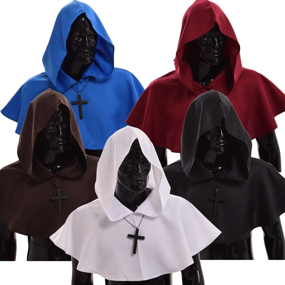 Adult Pirate Hood Caped Cloak Cosplay Medieval Halloween Party Capelet Mantle Wicca Priest Monk Pagan Cowl Hat