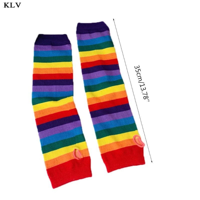 Women Girl Harajuku Elbow Length Fingerless Arm Sleeve Warmer Rainbow Colored Striped Knitted Sunscreen Halloween Costume Gloves