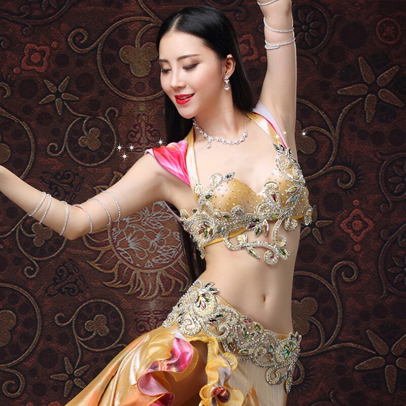 Top Grade Egyptian Belly Dancing Clothes Oriental Dance Costume Set Gold Beaded Bra and Belt 2pcs