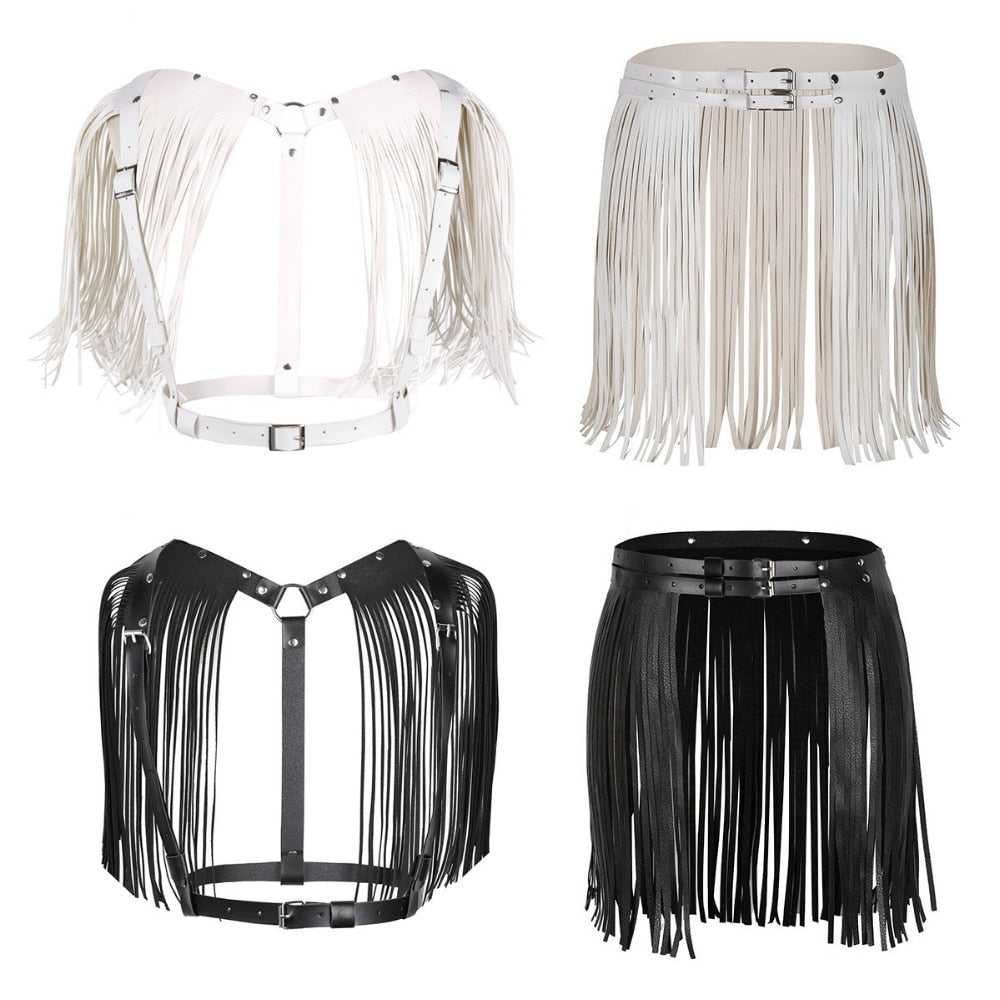 Womens Adult Adjustable Faux Leather Waistband Fringe Tassel Skirt Belt Nightclub Costume Cosplay Parties Skirts for Halloween