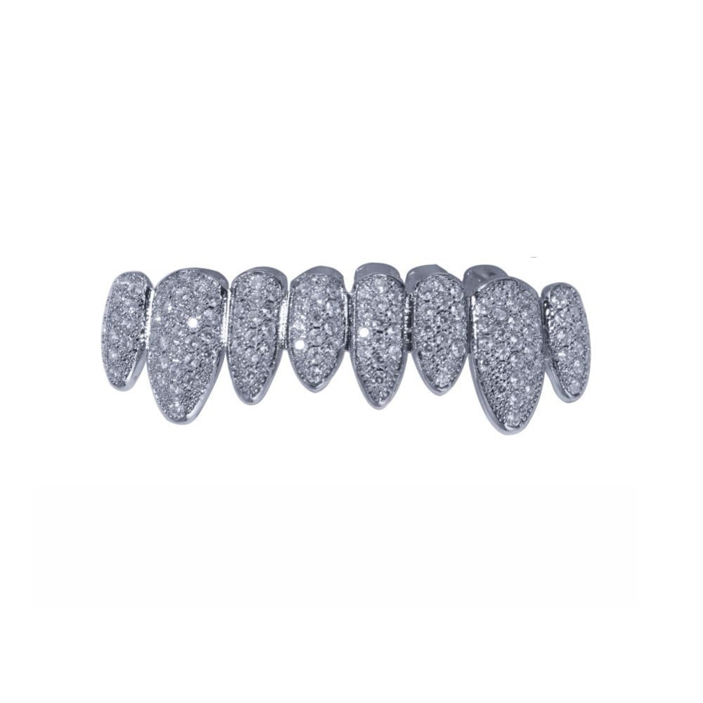 UWIN Cubic Zirconia Grills Set Silver Color Teeth Grills Hiphop Halloween Iced Out Top&Bottom Dental Grills Body Jewelry