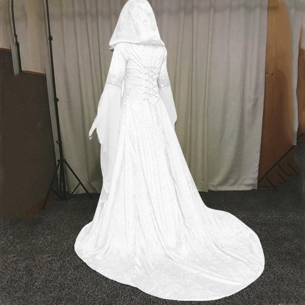 Medieval Renaissance Maxi Train Dress Women Halloween Devil Pagan Witch Wedding Costume Hooded Gown Robe Cosplay Costume