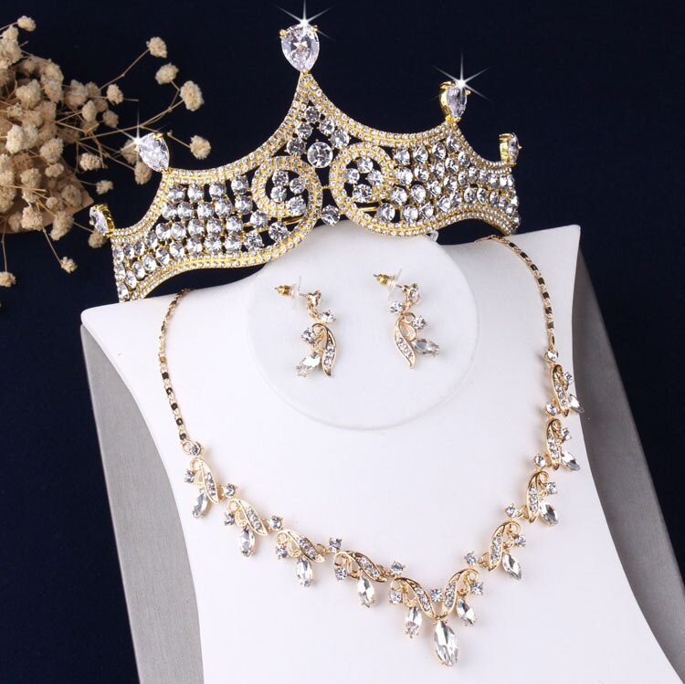 Baroque Rhinestone Bridal Jewelry Sets Wedding Leaf Crystal Gold Color Choker Necklaces Stud Earrings African Beads Jewelry Set