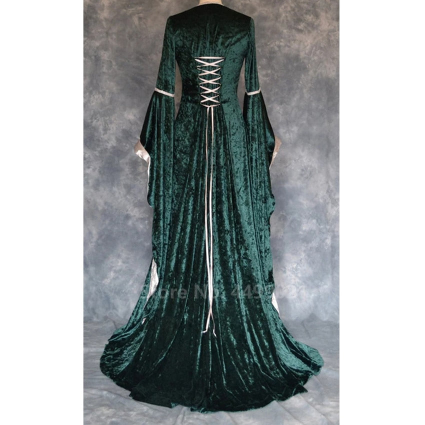 Halloween Women European Medieval Retro Court Princress Cosplay Costume Long Dress Elegant Witch Square Collar Masquerade Wear