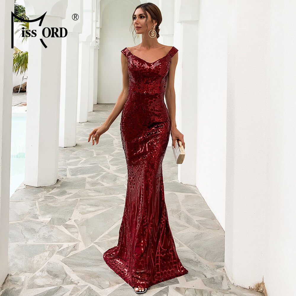 Missord Gold Long Evening Party Dress Women Off Shoulder Sequin Backless Bodycon Wedding Prom Maxi Dresses Elegant Ladies Gown