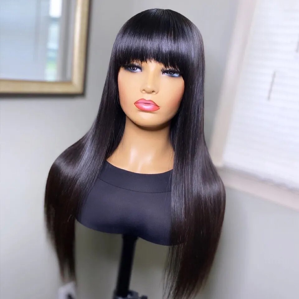 Short Straight Bob Human Hair Wigs With Bangs Full Machine Made Wigs For Black Women Glueless Fringe Wig Brazilian Cheap