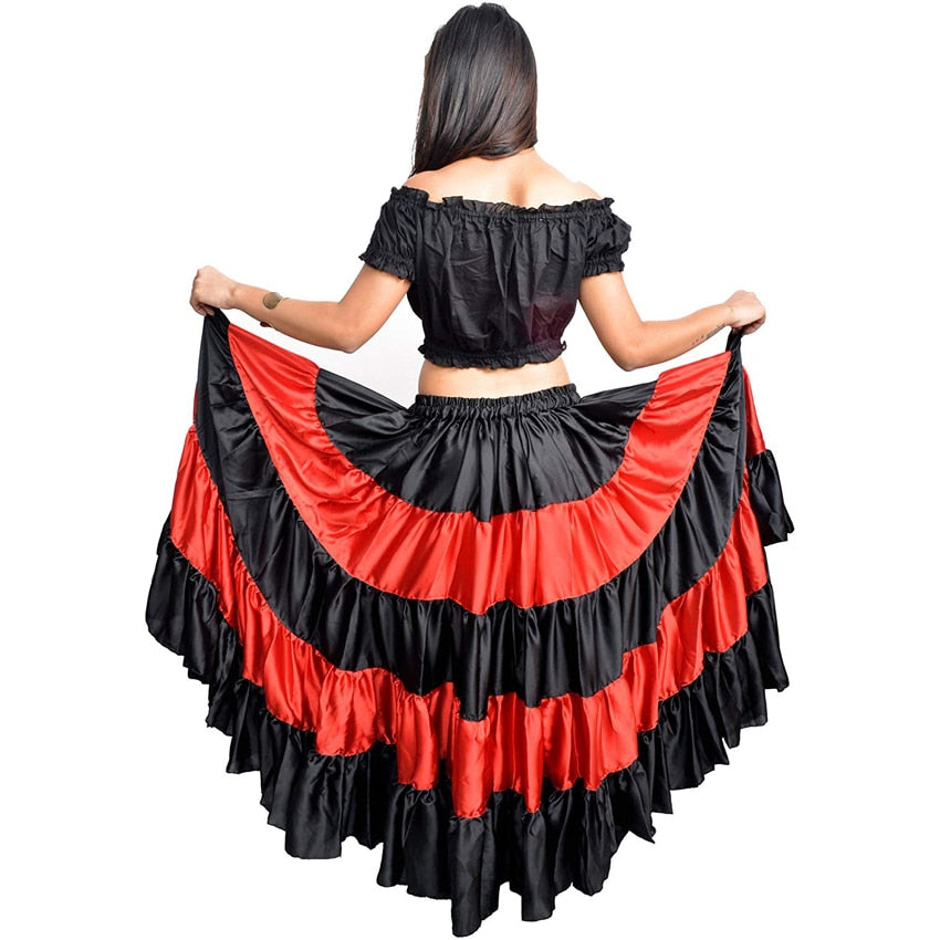 Red Traditional Spanish Flamenco Skirt Gypsy Women Dancing Costume Striped Satin Smooth Big Swing Belly Skirt Performance 90cm