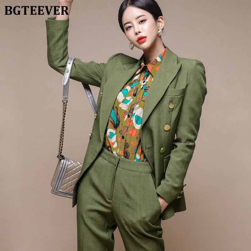 Fashion Green Women Blazer Set Double-breasted Slim Jacket & Pencil Pant Women Pant Suit Ladies Work Suit Female 2 Piece Set