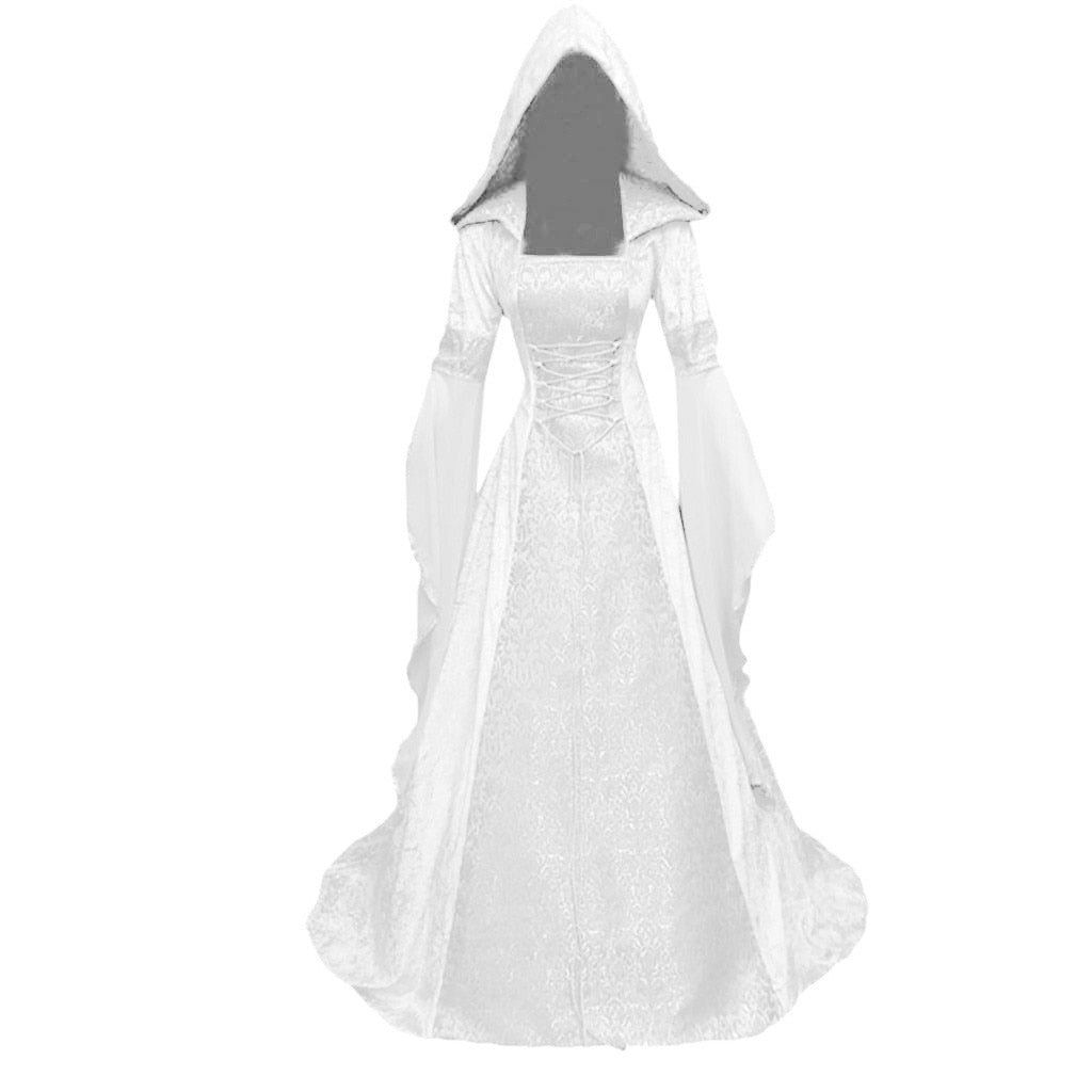 Medieval Renaissance Maxi Train Dress Women Halloween Devil Pagan Witch Wedding Costume Hooded Gown Robe Cosplay Costume