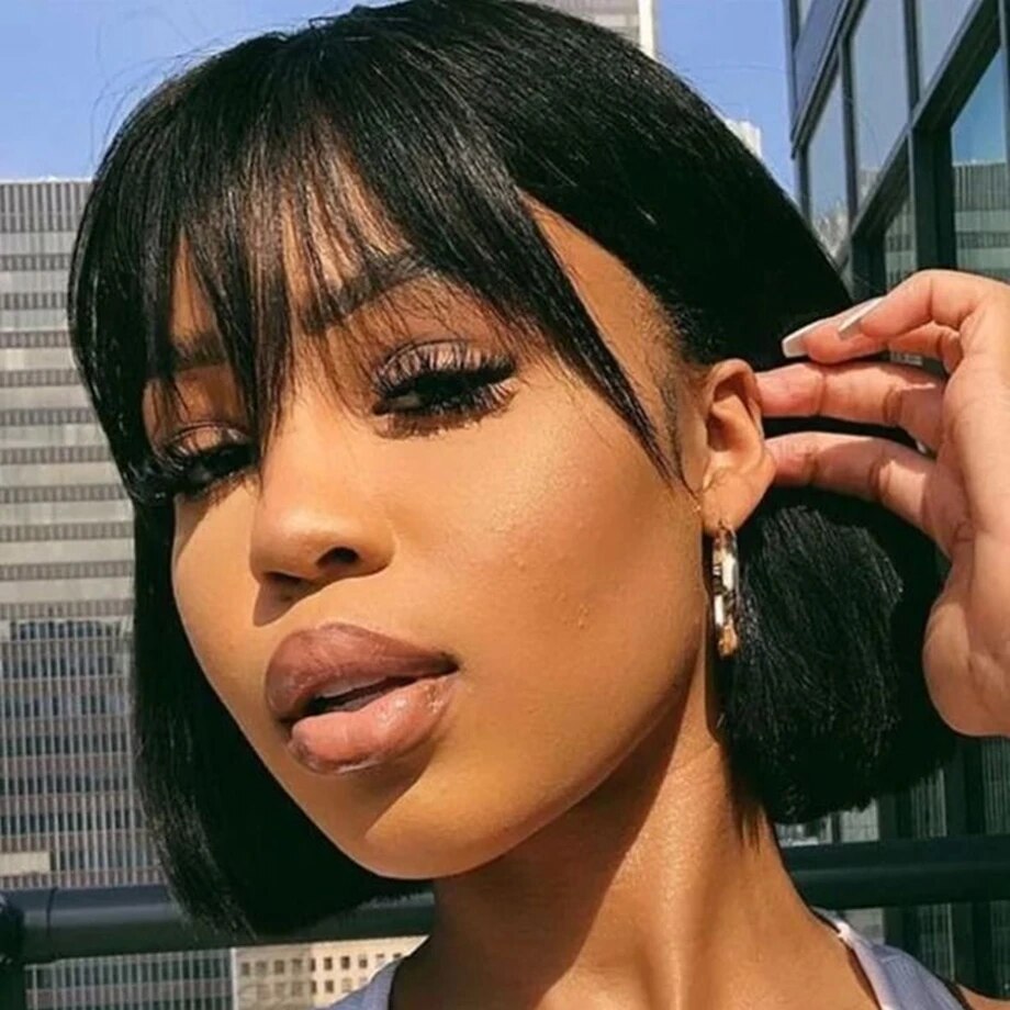 Short Straight Bob Human Hair Wigs With Bangs Full Machine Made Wigs For Black Women Glueless Fringe Wig Brazilian Cheap