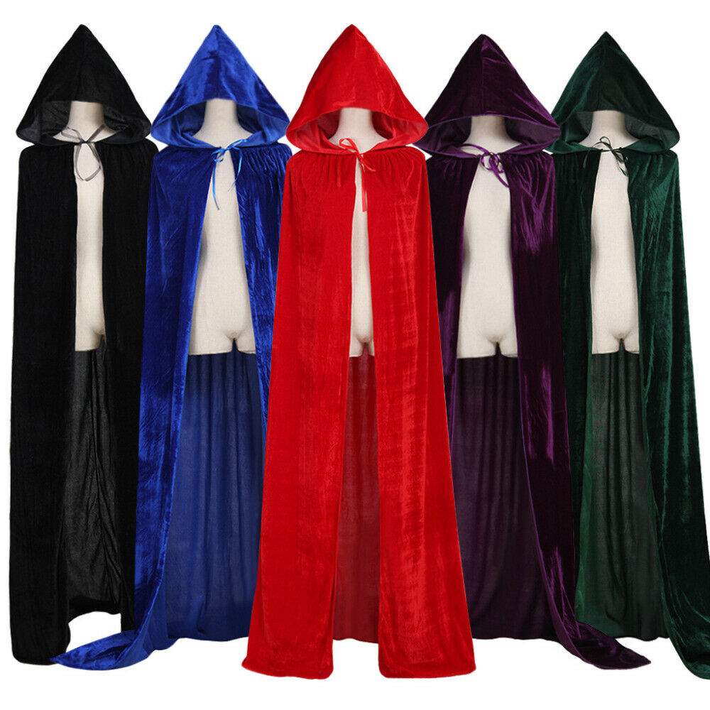 Adult Halloween Velvet Cloak Cape Hooded Medieval Costume Witch Wicca Vampire Halloween Costume Full Length Dress Coats 5 Colors