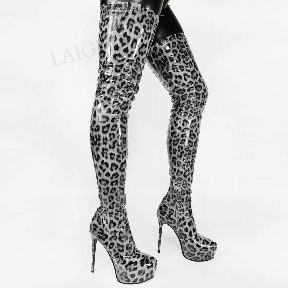 LAIGZEM Women Crotch High Platform Boots Shiny Patent Side Zip Stiletto Heels Thigh High Boots Cosplay Plus Size 44 46 50 52