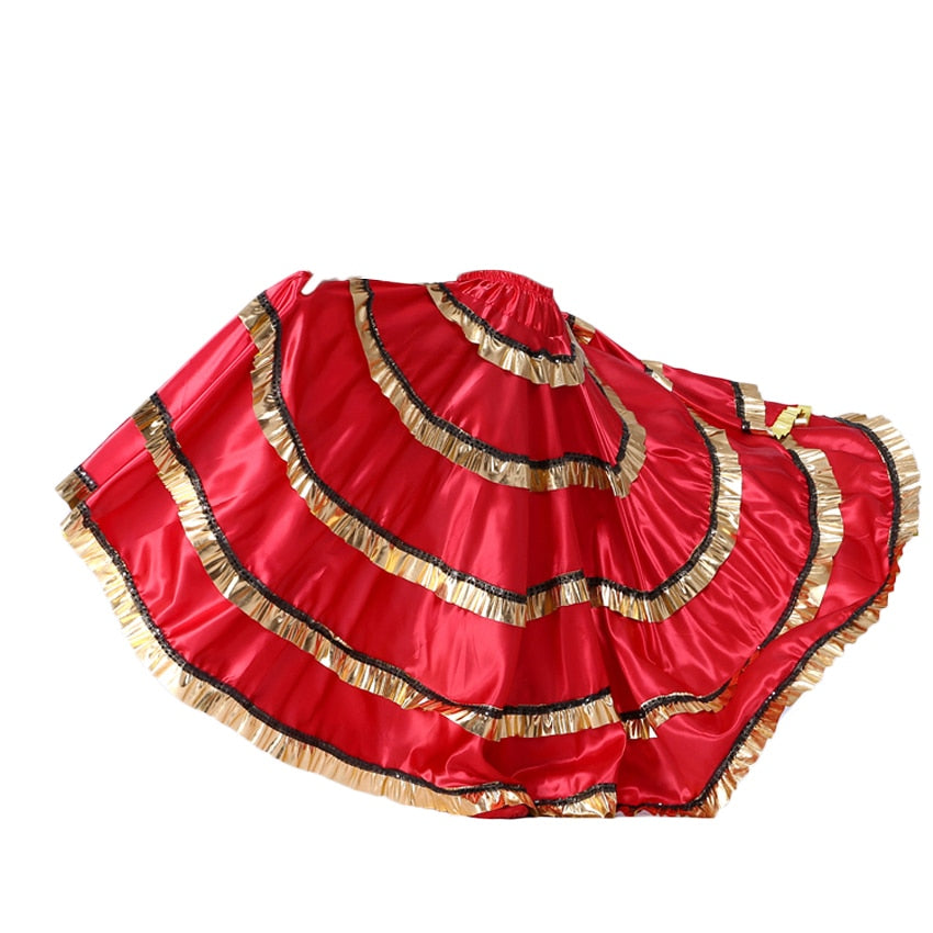 Red Traditional Spanish Flamenco Skirt Gypsy Women Dancing Costume Striped Satin Smooth Big Swing Belly Skirt Performance 90cm