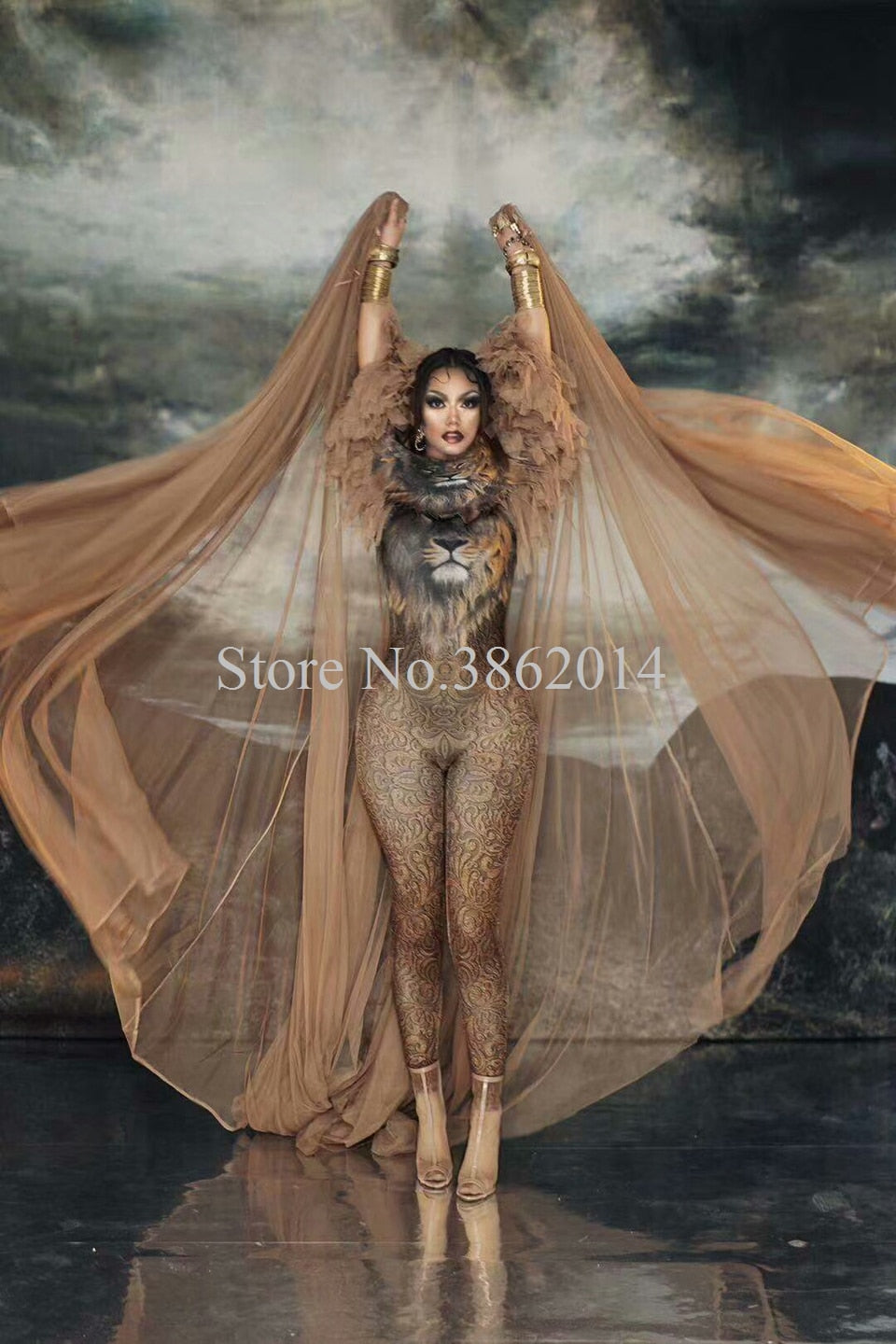 New Hot Sale Lion Pattern Jumpsuit Cloak Women Singer Sexy Stage Outfit Bar DS Dance Cosplay Bodysuit Costume Model Show Clothes