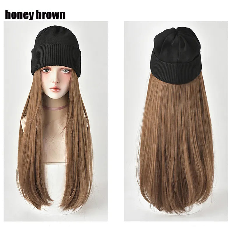 Beanies Hat With Hair Wigs For Women 24 inch Long Straight Hair Synthetic Wig Warm Soft Ski Knitted Autumn Winter Cap