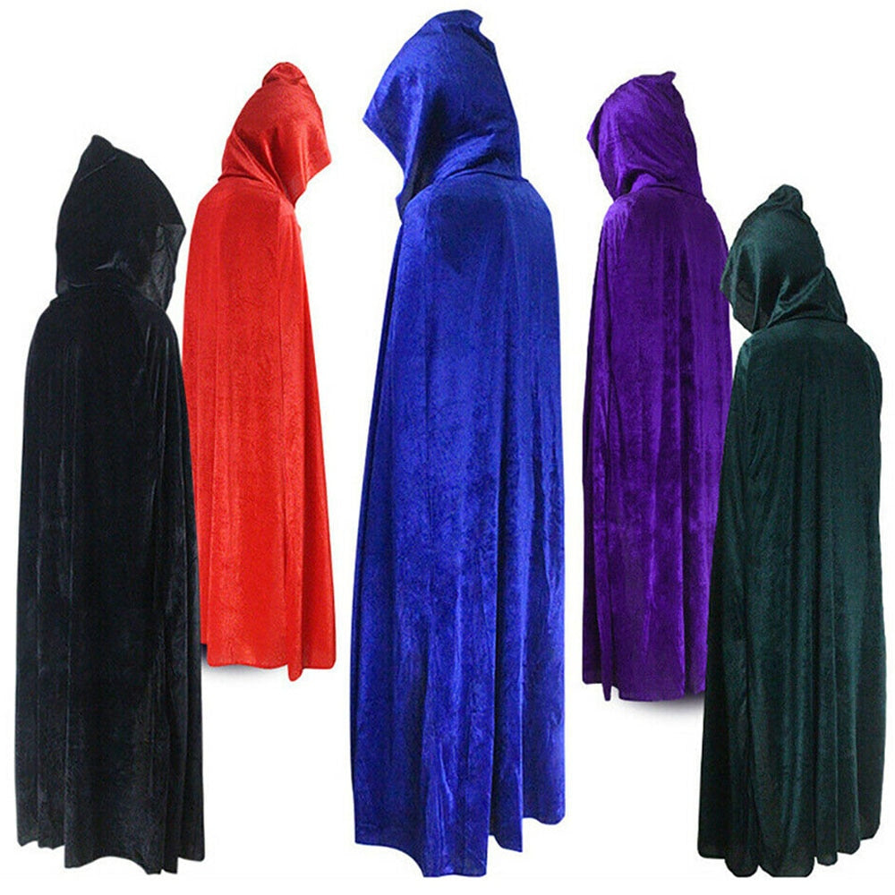 Adult Halloween Velvet Cloak Cape Hooded Medieval Costume Witch Wicca Vampire Halloween Costume Full Length Dress Coats 5 Colors