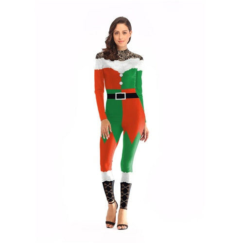 Belt Printed Jumpsuit Christmas Costume For Women Bodysuit
