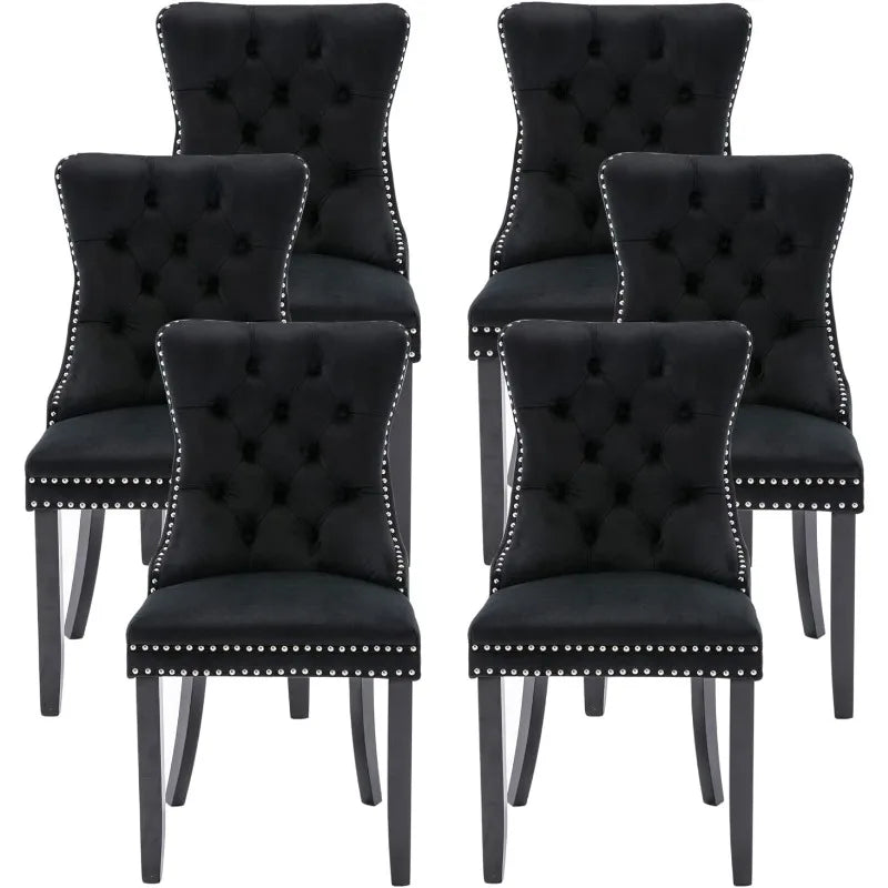 Velvet Dining Chairs Set of 6, Upholstered Dining Room Chairs with Ring Pull Trim and Button Back, Luxury Tufted Dining Chairs