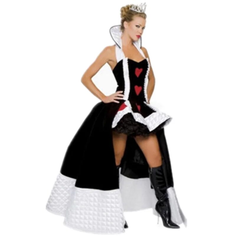 Alice In Wonderland Adult Women Fantasy Queen of Hearts Cosplay Costumes with Crown Halloween Party Dress