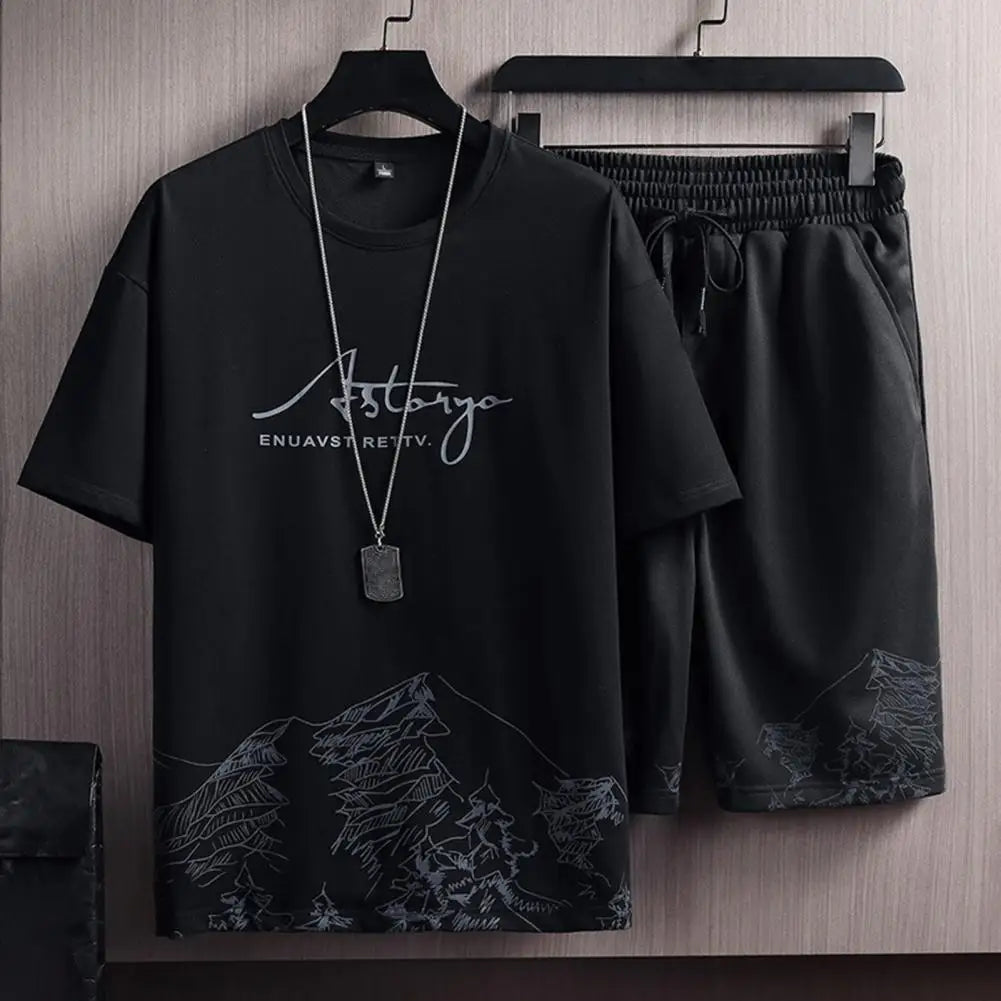 2Pcs/Set Men's Outfit-O-Neck-Short Sleeve-Elastic Waistband-Mountain Print-Drawstring