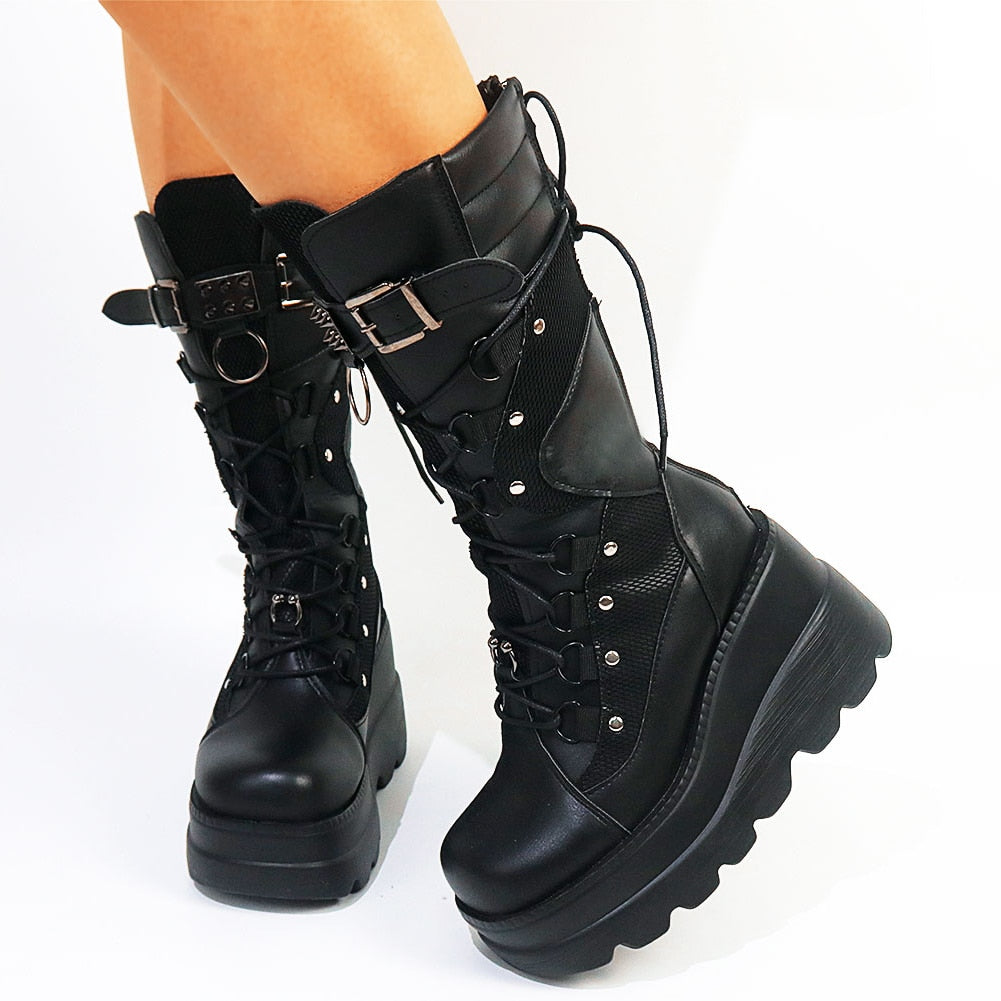 Brand Design Female High Platform Thigh High Boots Fashion Buckle Punk High Heels Boots Women Cosplay Wedges Shoes Woman