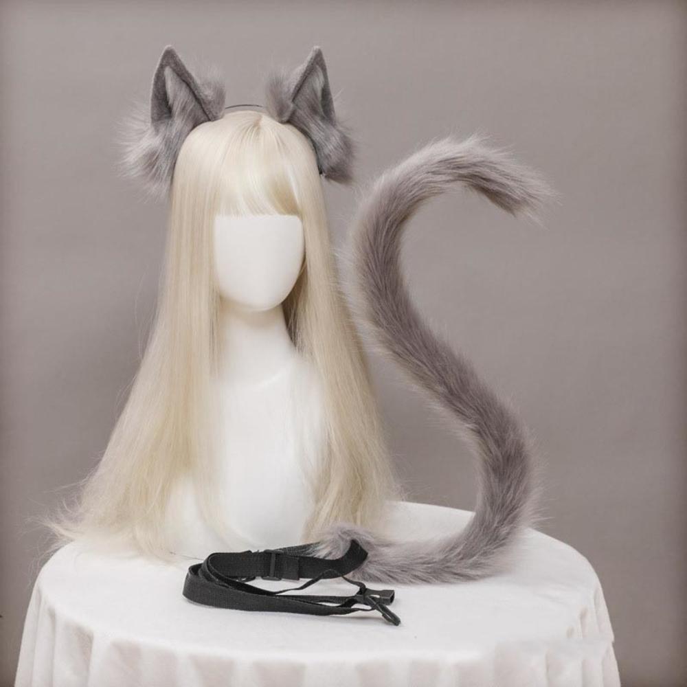 Lolita Plush Cat Ears Hair Clip Furry Wolf Tail with Faux Leather Bell Neck Choker Necklace Set Anime Animal Cosplay Costume