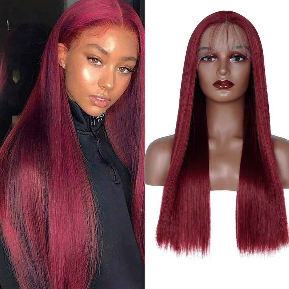 Burgundy Red Synthetic Lace Wigs For Women Red Black Long Body Wave Glueless Pre Plucked Hairline Wig With Baby Hair Cosplay