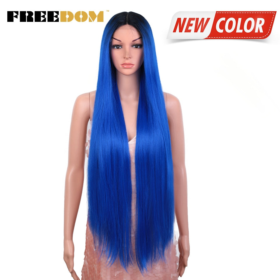 FREEDOM Synthetic Lace Front Wigs For Women Super Long 38Inch Ombre Blonde Highlight Ginger Straight Lace Wigs Cosplay Wigs