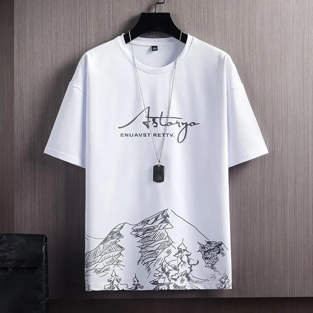 2Pcs/Set Men's Outfit-O-Neck-Short Sleeve-Elastic Waistband-Mountain Print-Drawstring