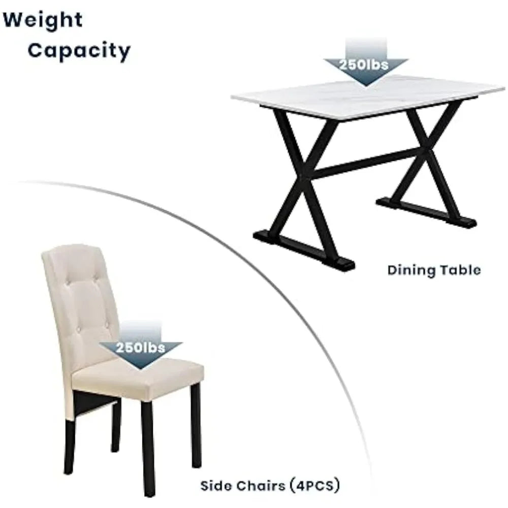 Dinning Tables Sets 5 Pieces Dining Table Set With Faux Marble Tabletop and Upholstered Chairs White+Beige Room Furniture Home