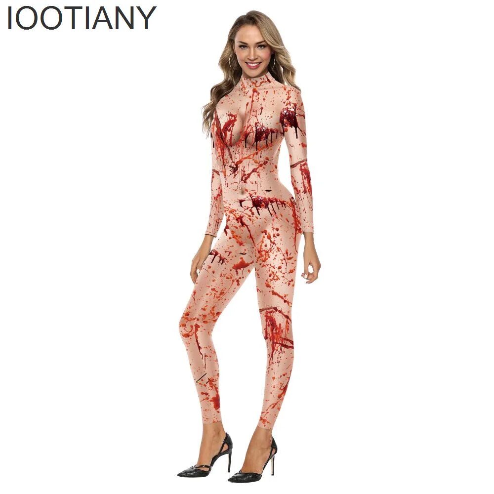 IOOTIANY Bloody Bloodstains 3D Print Women Sexy Jumpsuit Halloween Horror Carnival Cosplay Costumes Fancy Bodysuit Party Rompers