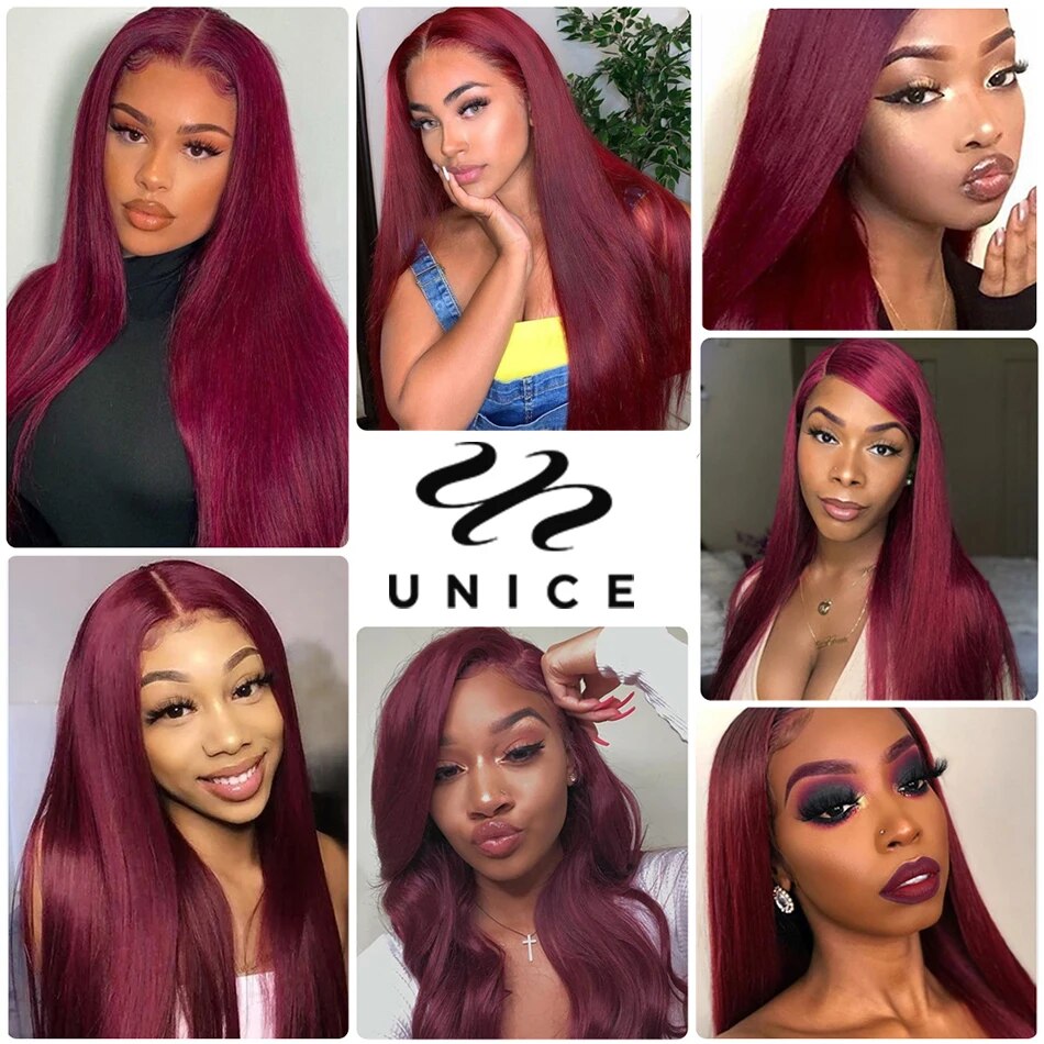 Unice Hair Burgundy 13x4 Lace Front Wig Human Hair Wigs Pre Plucked 99J Transparent Lace Front Human Hair Wigs for Women