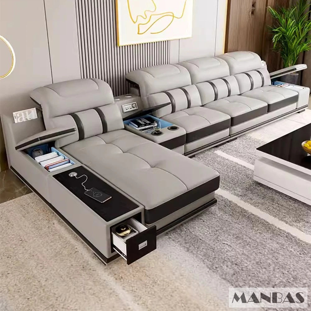 Modern Genuine Leather Sofa Living Room By Linlamlim - Stylish Italian Couch with Bluetooth Speaker, USB & Adjustable Headrests