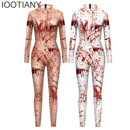 IOOTIANY Bloody Bloodstains 3D Print Women Sexy Jumpsuit Halloween Horror Carnival Cosplay Costumes Fancy Bodysuit Party Rompers